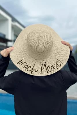 Beach Please Yazılı Hasır Şapka Bej Rş-60