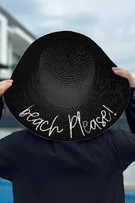 Beach Please Yazılı Hasır Şapka Siyah Rş-63