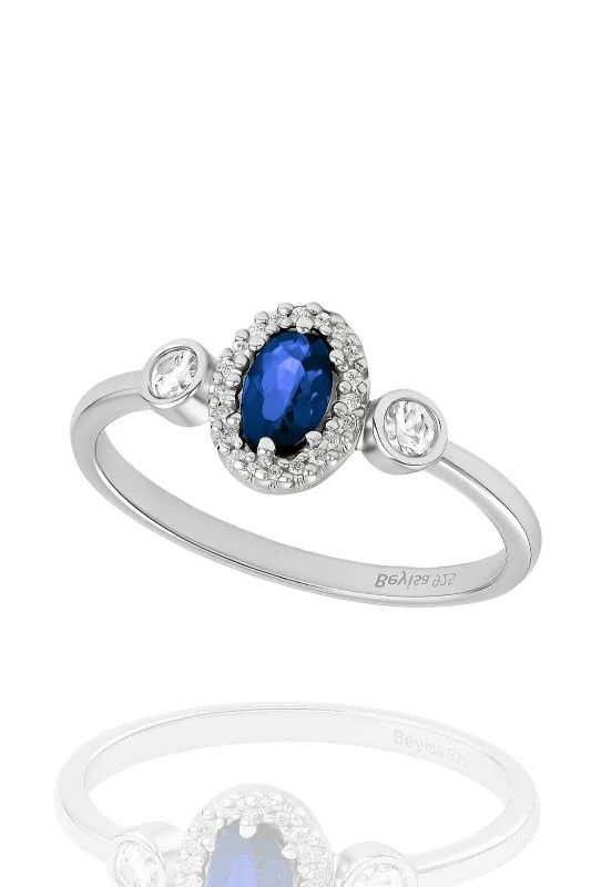 Minera Serisi 925 Ayar Gümüş Mavi Safir Zirkon Taşlı Oval Yüzük