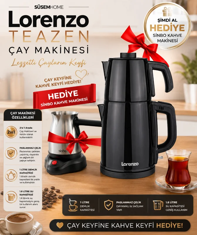 Lorenzo Teazen Çay Makinesi Siyah 1.8 Litre Su Isıtıcı 1 Litre Demlik Kapasiteli
