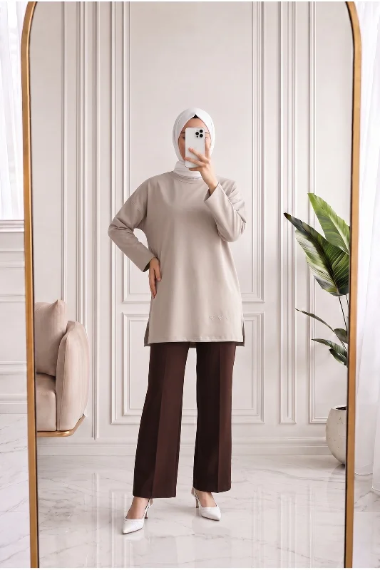 Mahay Kalp Nakışlı Yırtmaçlı Tunik-SS13074 Taş