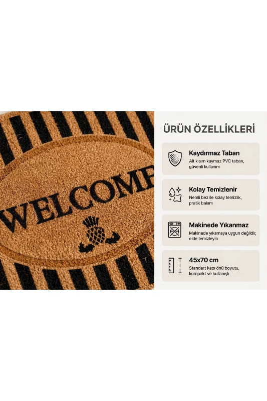 Coco CC012A Welcome Desenli Çizgili Kalın Kaymaz Taban Nem Alıcı Şık Tasarım Kapı Önü Paspası 45x75 – 4. görsel