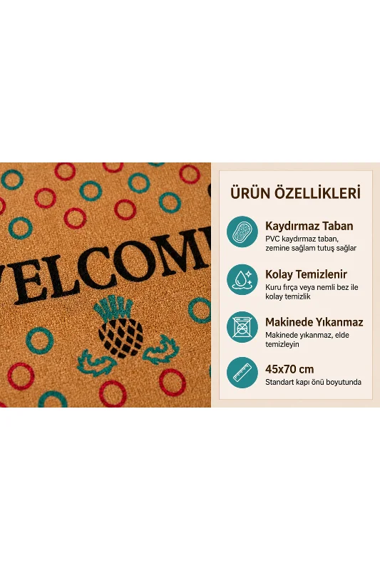 Coco CC014A Welcome Ananas Desenli Kalın Kaymaz Taban Nem Alıcı Şık Tasarım Kapı Önü Paspası 45x75 cm – 3. görsel