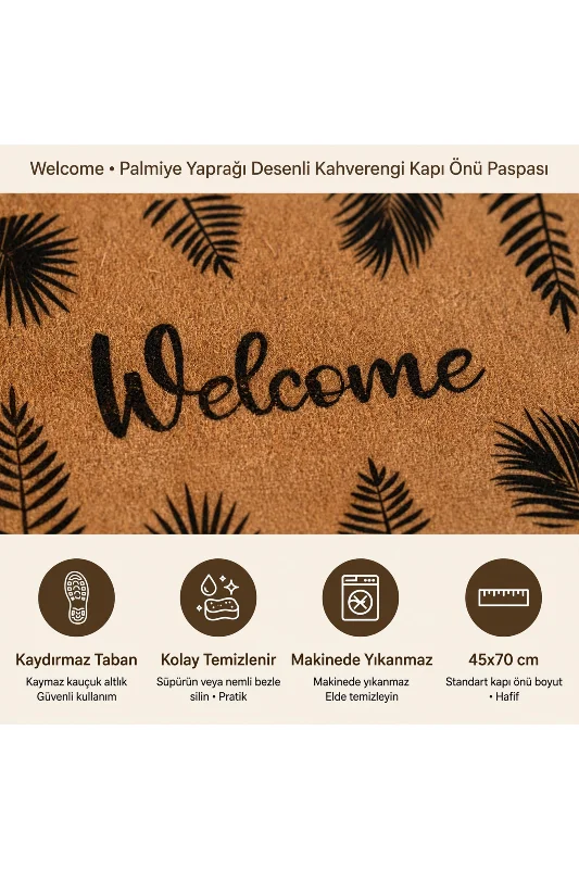 Coco CC028A Welcome Yaprak Desenli Kalın Kaymaz Taban Nem Alıcı Şık Tasarım Kapı Önü Paspası 45x75 cm – 2. görsel