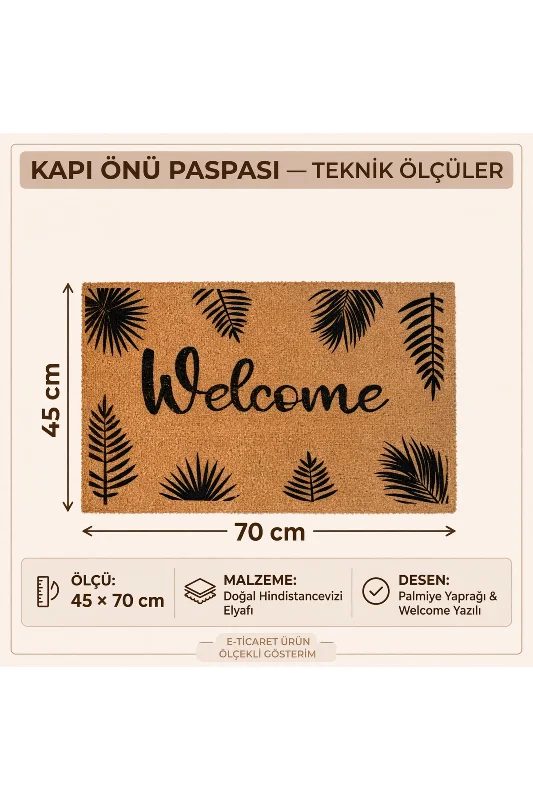 Coco CC028A Welcome Yaprak Desenli Kalın Kaymaz Taban Nem Alıcı Şık Tasarım Kapı Önü Paspası 45x75 cm – 4. görsel