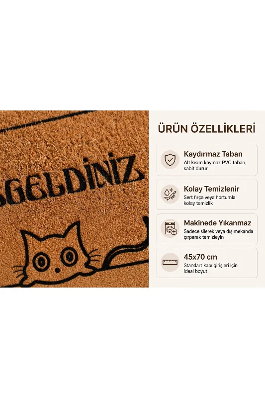 Coco CC013A Kedili Hoşgeldiniz Desenli Kalın Kaymaz Taban Nem Alıcı Şık Kapı Önü Paspası 45x75 cm – 4. görsel