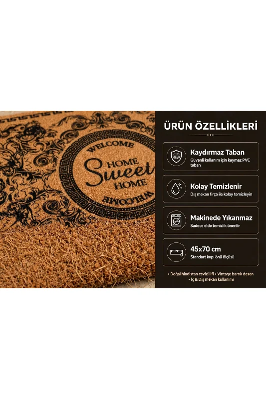 Coco CC018A Welcome Home Sweet Home Desenli Kalın Kaymaz Taban Nem Alıcı Şık Tasarım Kapı Önü Paspası 45x75 cm – 4. görsel