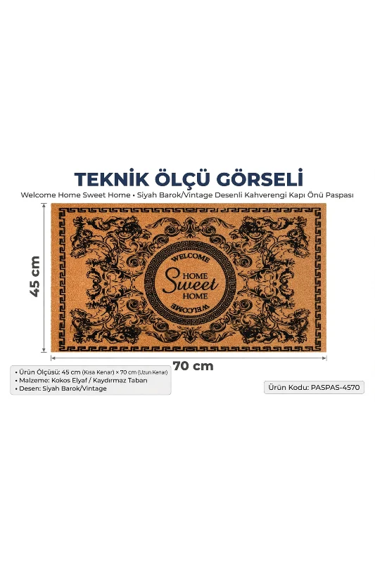 Coco CC018A Welcome Home Sweet Home Desenli Kalın Kaymaz Taban Nem Alıcı Şık Tasarım Kapı Önü Paspası 45x75 cm – 2. görsel