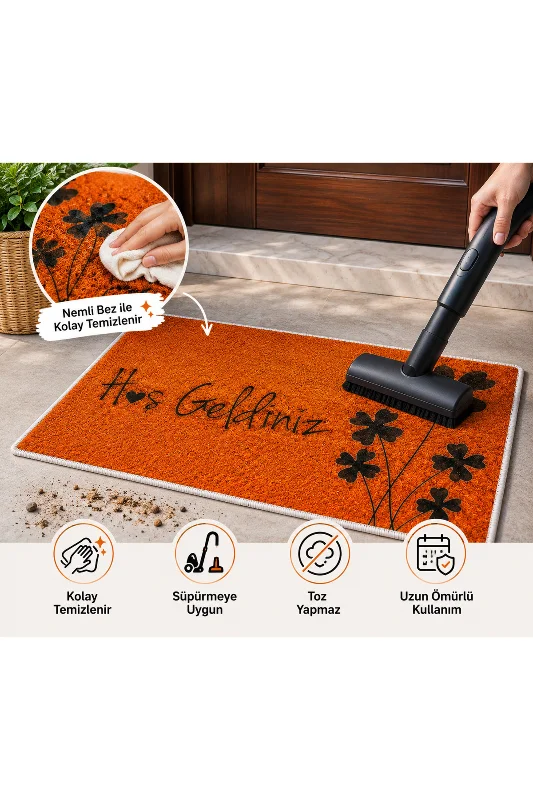 Esse Turuncu Hoş Geldiniz Çiçek Desenli Kapı Önü Paspası Kaymaz Taban Dekoratif Paspas 40x60 cm – 2. görsel