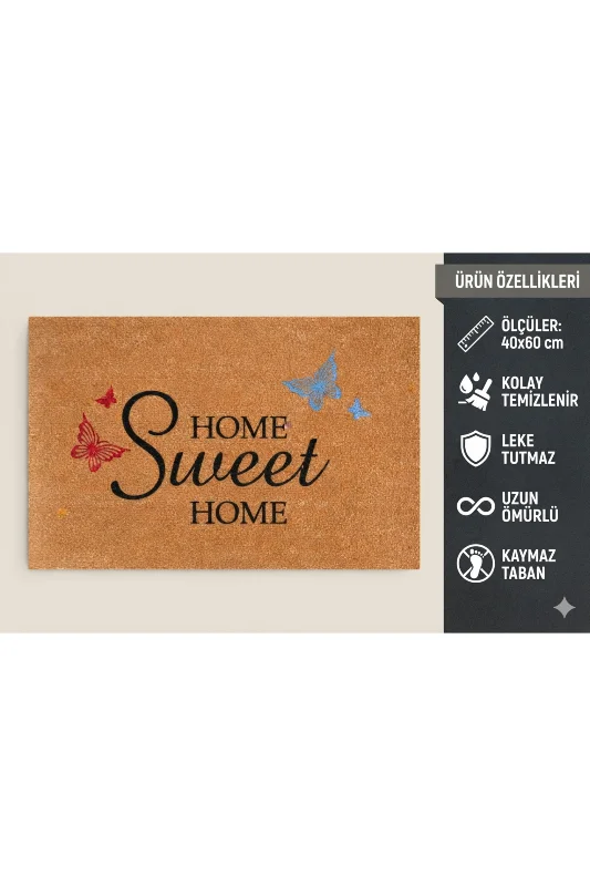 Coco CC024A Home Sweet Home Desenli Kalın Kaymaz Taban Nem Alıcı Şık Tasarım Kapı Önü Paspası 45x75 cm