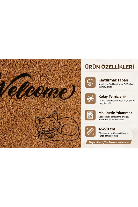 Coco CC026A Kedili Welcome Desenli Kalın Kaymaz Taban Nem Alıcı Şık Tasarım Kapı Önü Paspası 45x75 cm – 2. görsel
