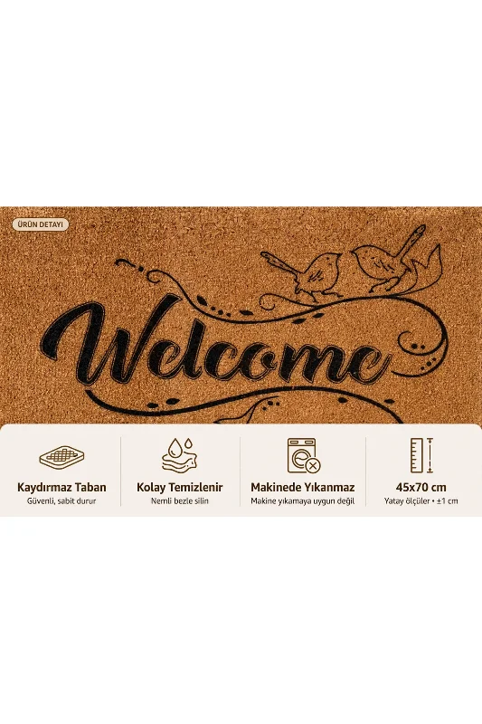Coco CC027A Welcome Kuş Desenli Kalın Kaymaz Taban Nem Alıcı Şık Tasarım Kapı Önü Paspası 45x75 cm