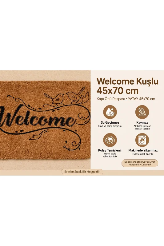 Coco CC027A Welcome Kuş Desenli Kalın Kaymaz Taban Nem Alıcı Şık Tasarım Kapı Önü Paspası 45x75 cm