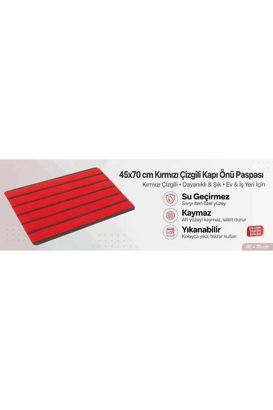 Delta CC009A Kırmızı Çizgili Kaymaz Taban Su Geçirmez Yıkanabilir Kapı Önü Paspası 45x70 cm