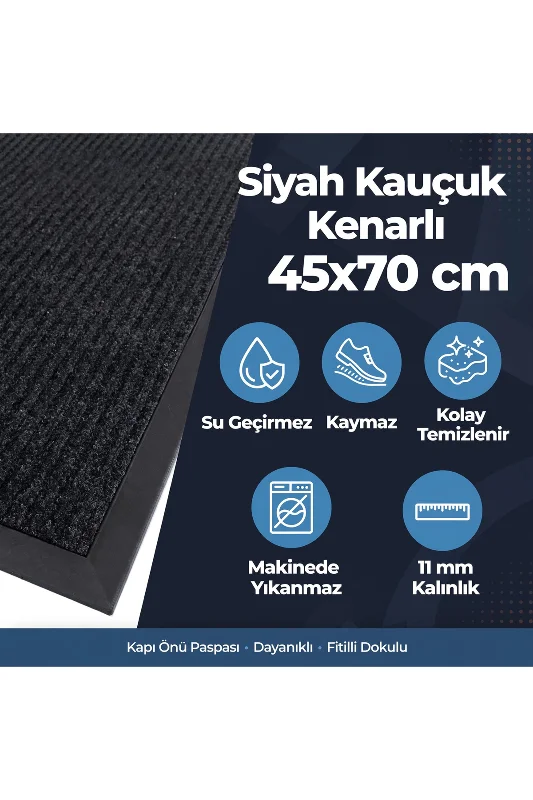 Delta KK001A Siyah Halılı Kauçuk Kenarlı Fitilli Kapı Önü Paspası Kaymaz Taban Toz ve Kir Tutucu 45x70 cm