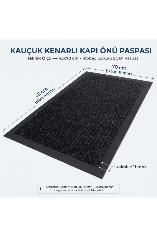 Delta KK001A Siyah Halılı Kauçuk Kenarlı Fitilli Kapı Önü Paspası Kaymaz Taban Toz ve Kir Tutucu 45x70 cm