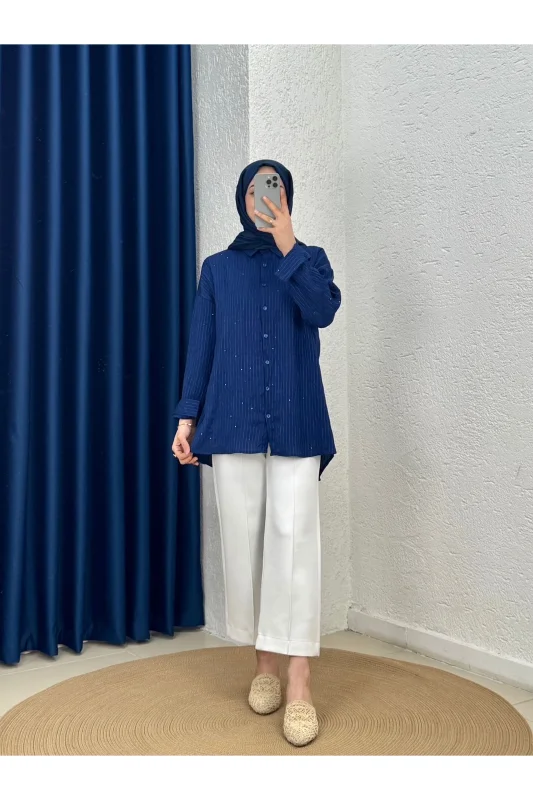 Özün Pullu Oversize Gömlek-NA874 Lacivert