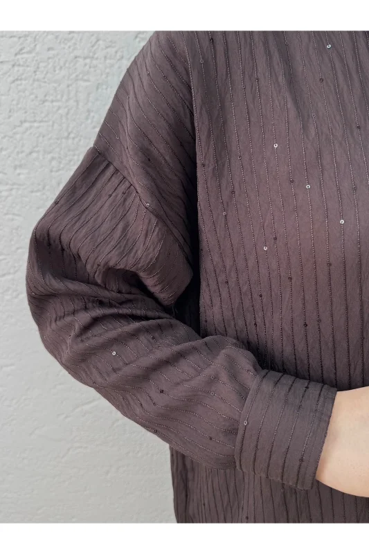 Özün Pullu Oversize Gömlek-NA874 Kahve – 2. görsel