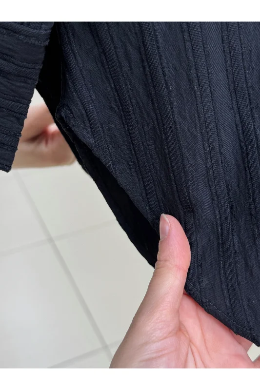 Çiğdem Çizgili Keten Karışımlı Oversize Kadın Gömlek-ZN1174 Siyah – 4. görsel