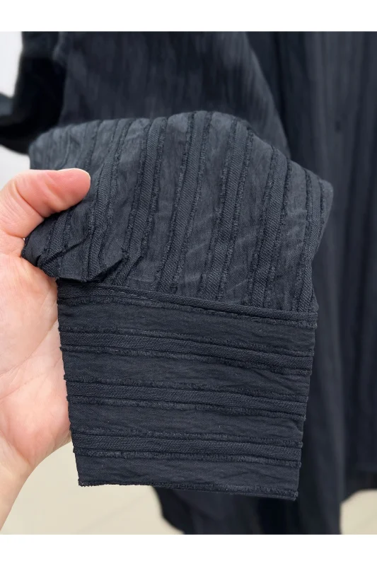Çiğdem Çizgili Keten Karışımlı Oversize Kadın Gömlek-ZN1174 Siyah – 3. görsel