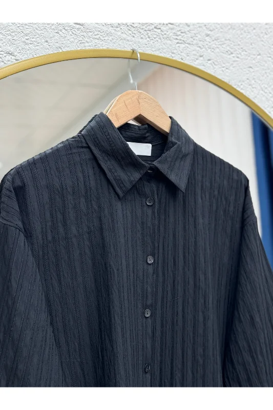 Çiğdem Çizgili Keten Karışımlı Oversize Kadın Gömlek-ZN1174 Siyah – 2. görsel