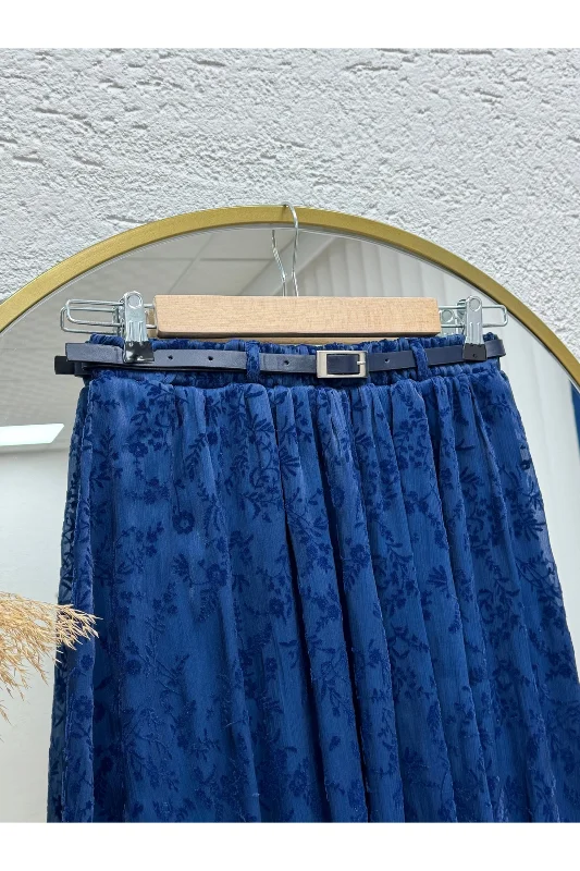 Ülkü Astarlı Kemerli Organize Flok Desen Etek-EK752.1 Lacivert – 2. görsel