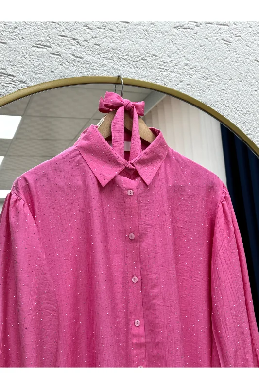 Nihan Ful Taşlı Büzgülü Çilek Gömlek-NA846 Pembe – 2. görsel