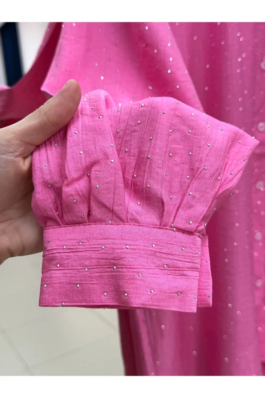 Nihan Ful Taşlı Büzgülü Çilek Gömlek-NA846 Pembe – 4. görsel