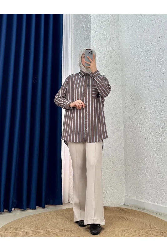 Yankı Hella Çizgili Tek Cepli Gömlek-NA878 Kahve