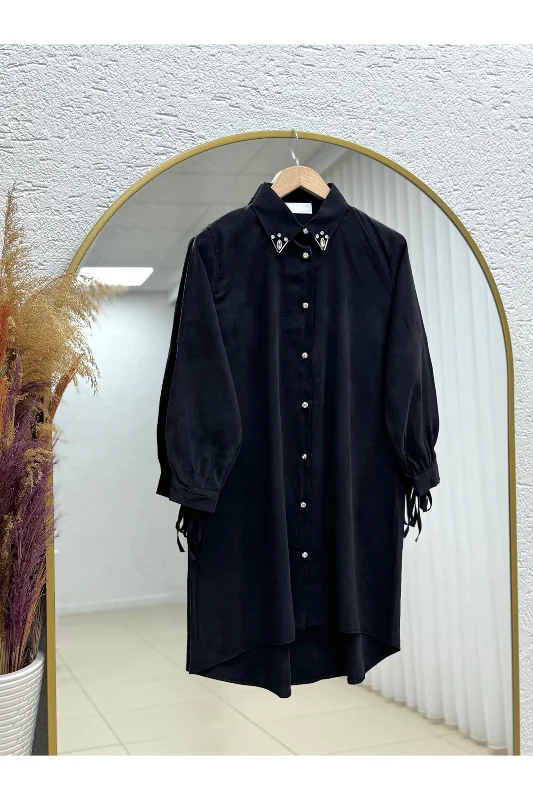 Özden Yakası Taşlı Uzun Tunik-ZN2090 Siyah – 2. görsel