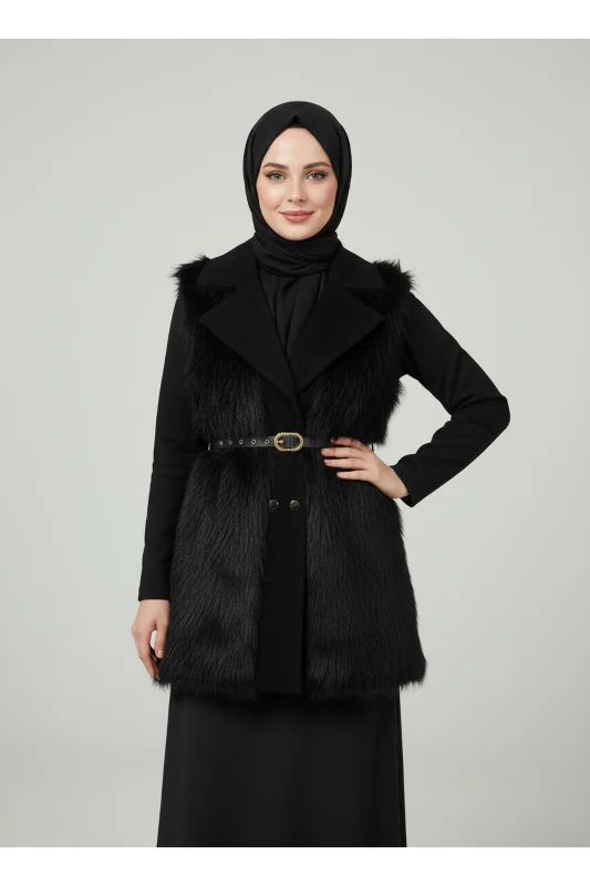 Finetta Metal Düğmeli Kürklü Yelek-EN2209 Siyah