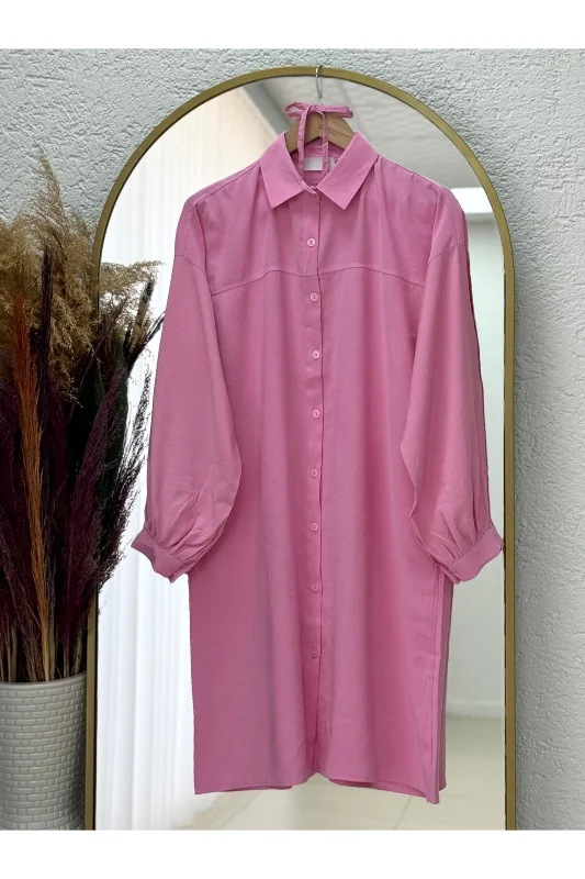 Miresia Bağcıklı Uzun Modal Gömlek-PE261 Pembe – 2. görsel