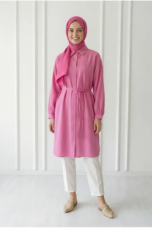 Miresia Bağcıklı Uzun Modal Gömlek-PE261 Pembe
