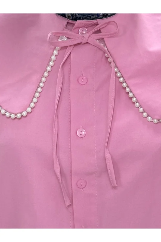 Sanonia Yakası İncili Kısa Poplin Gömlek-NA792 Pembe – 2. görsel