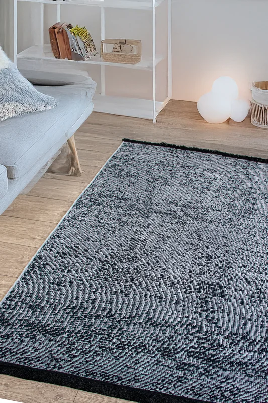 Gri Şönil Kilim Saçaklı Tozumayan Makinede Yıkanabilir Kaymaz Taban Halı Yolluk