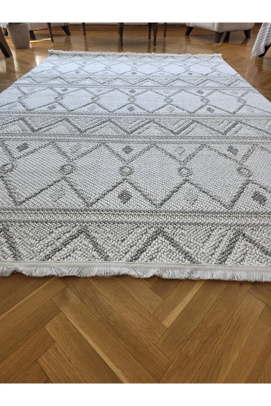 Enjoy 0160A Krem Gri İskandinav Sisal Bukle Yumuşak Özel Ölçü Salon Koridor Mutfak Halısı Yolluk