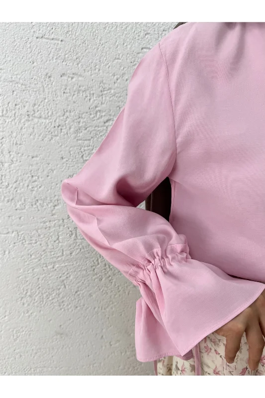Aybirce Kolu Tünelli Yaka Fırfırlı Kısa Gömlek-AS5975 Pembe – 3. görsel