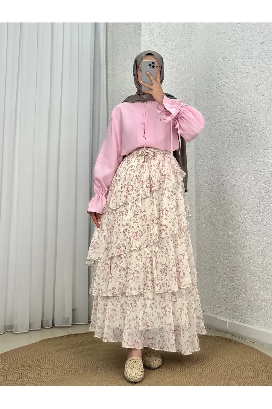 Aybirce Kolu Tünelli Yaka Fırfırlı Kısa Gömlek-AS5975 Pembe