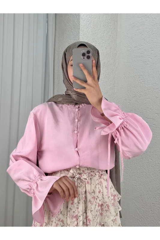 Aybirce Kolu Tünelli Yaka Fırfırlı Kısa Gömlek-AS5975 Pembe – 2. görsel