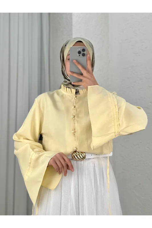 Aybirce Kolu Tünelli Yaka Fırfırlı Kısa Gömlek-AS5975 Sarı – 2. görsel