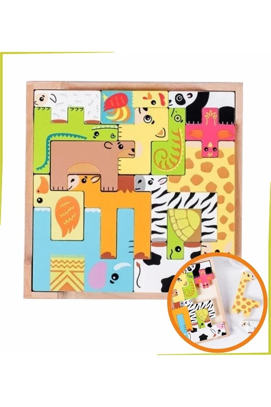 Renkli 15 Hayvanlı Geometrik Ahşap Puzzle