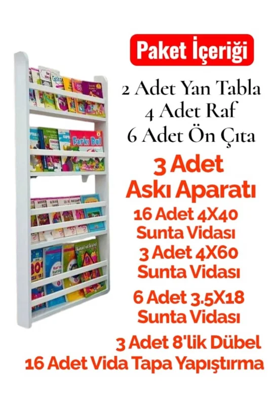Carmen 4 Raflı Kitaplık - Beyaz Renk Montessori Kitaplık - Çocuk Odası Kitaplığı