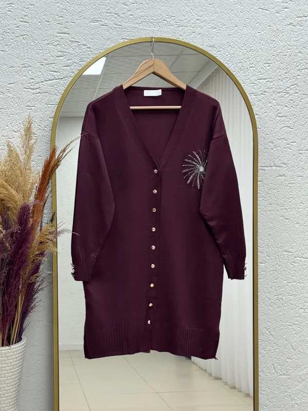 Sabifeza Güneş Taşlı Soğuk İp Hırka-SY3362 Mürdüm – 3. görsel