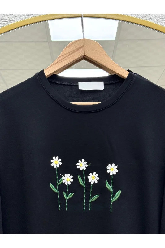 Laleay Zarif 5 Papatya Nakışlı Bluz-SS13148 Siyah