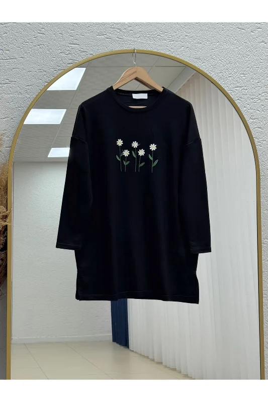 Laleay Zarif 5 Papatya Nakışlı Bluz-SS13148 Siyah