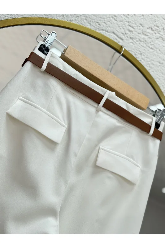 Melita Arka Kapaklı Havuç Paça Kemerli Pantolon-MT5018 Beyaz – 4. görsel