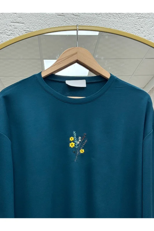 Mehşah Çiçek Desenli Bluz-SS13137 Petrol Mavisi – 3. görsel