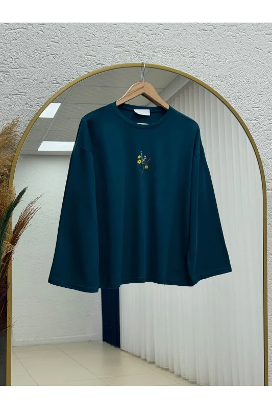 Mehşah Çiçek Desenli Bluz-SS13137 Petrol Mavisi – 2. görsel