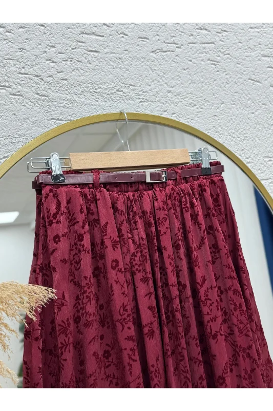 Ülkü Astarlı Kemerli Organize Flok Desen Etek-EK752.1 Bordo – 3. görsel
