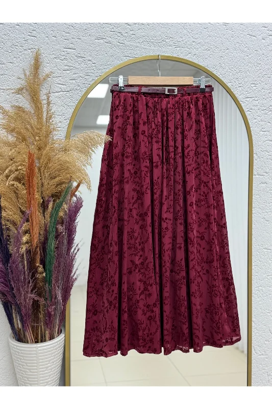 Ülkü Astarlı Kemerli Organize Flok Desen Etek-EK752.1 Bordo – 2. görsel
